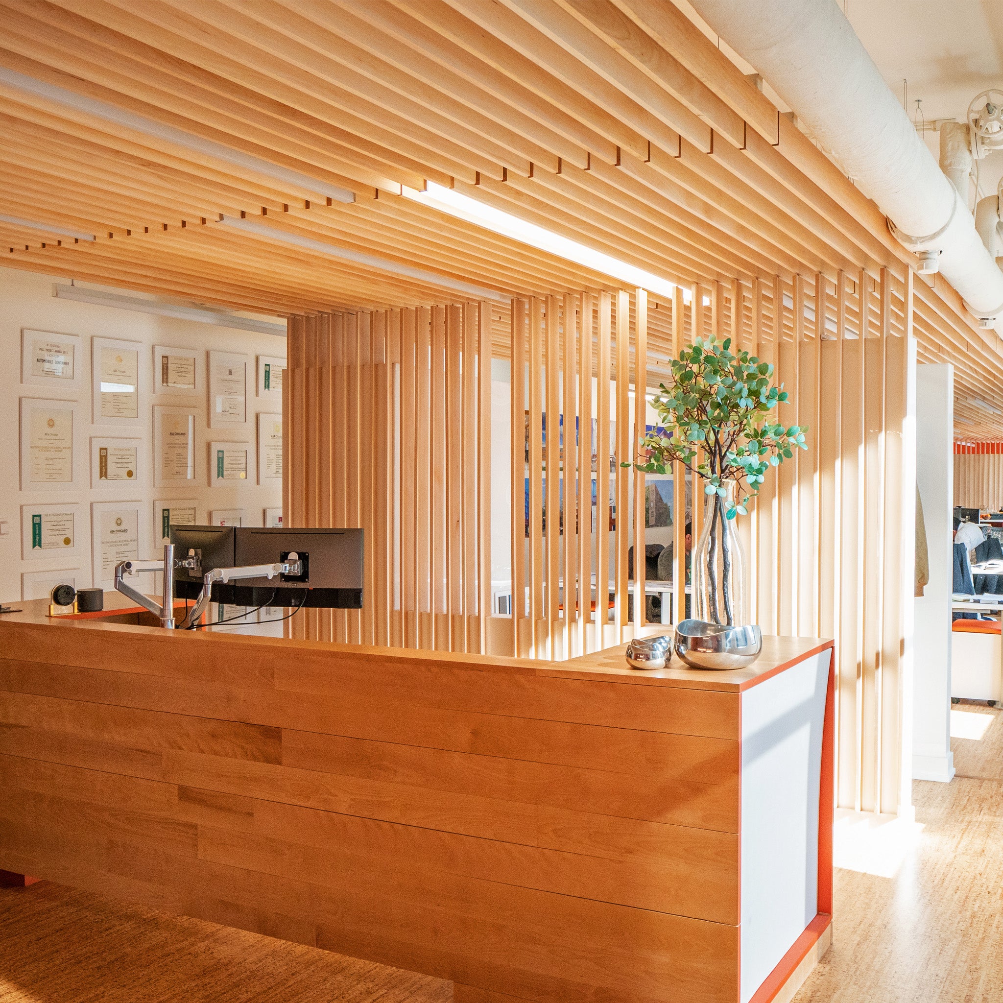 Desk Ceiling UrbanWorks Reception Desk + Ceiling Slats – Wood Metal & Beyond