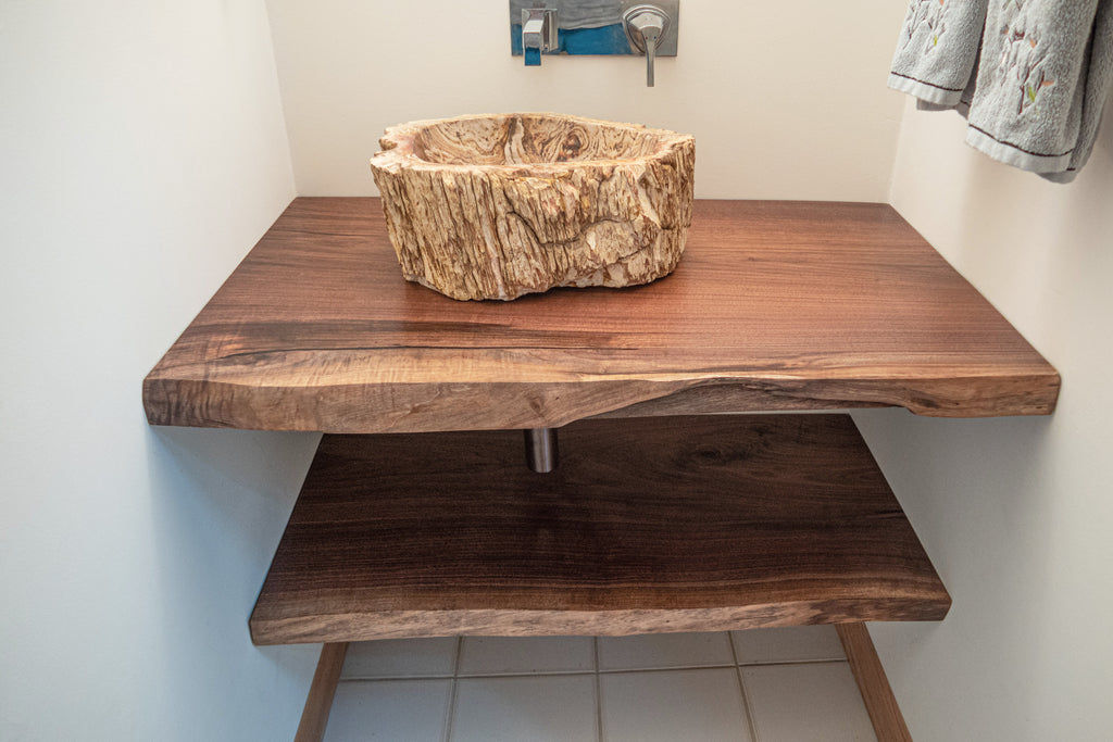 This beautiful bathroom Live Edge slab top provides a contemporary look to any powder room or bathroom. It can be modified to your custom design requirements and bathroom sink.