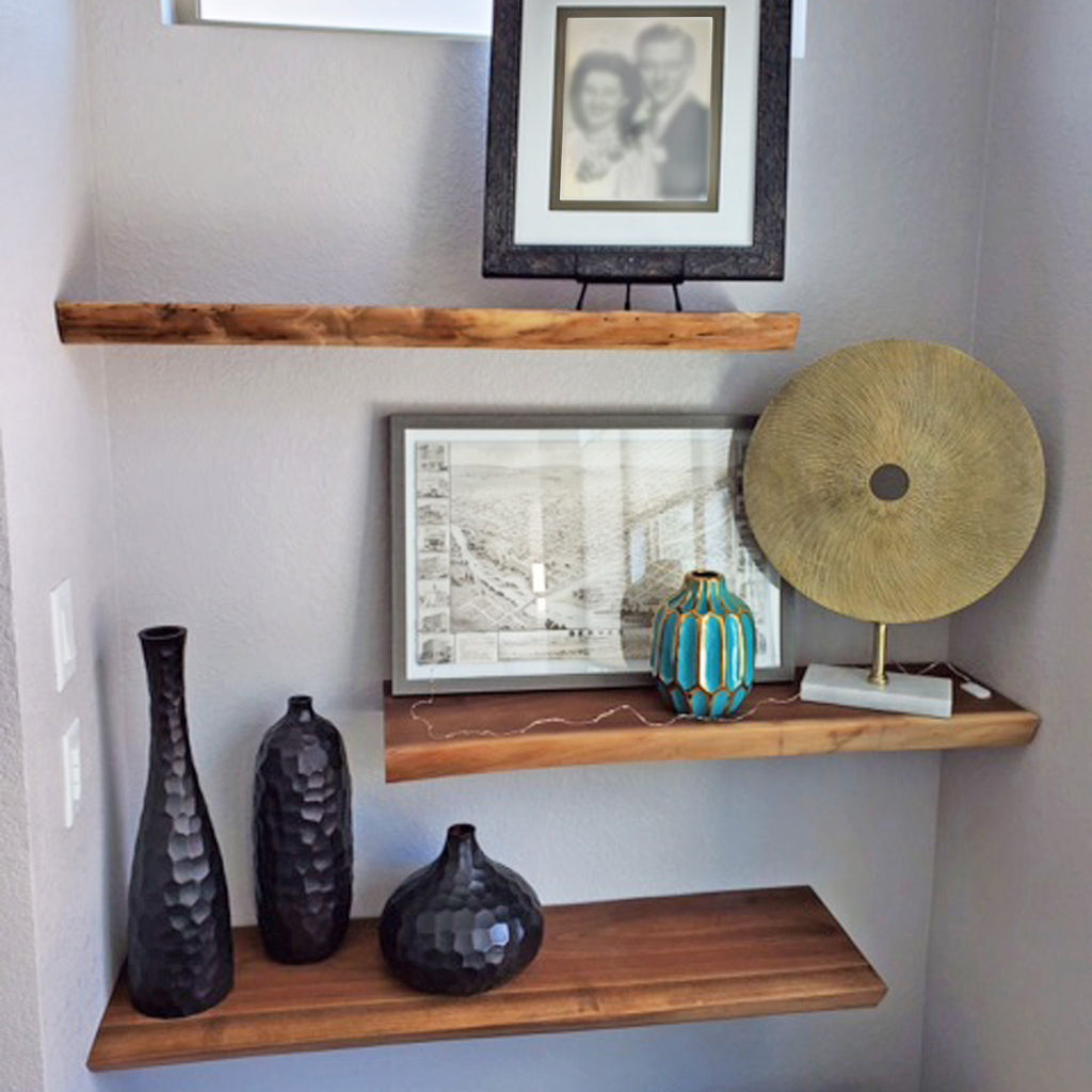 These beautiful Walnut Live Edge floating shelves made from sustainable reclaimed wood, will enhance the aesthetic feel of your home and provide space for you to showcase your important items.